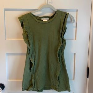 Green top, ruffles at shoulder &sides. M but loose